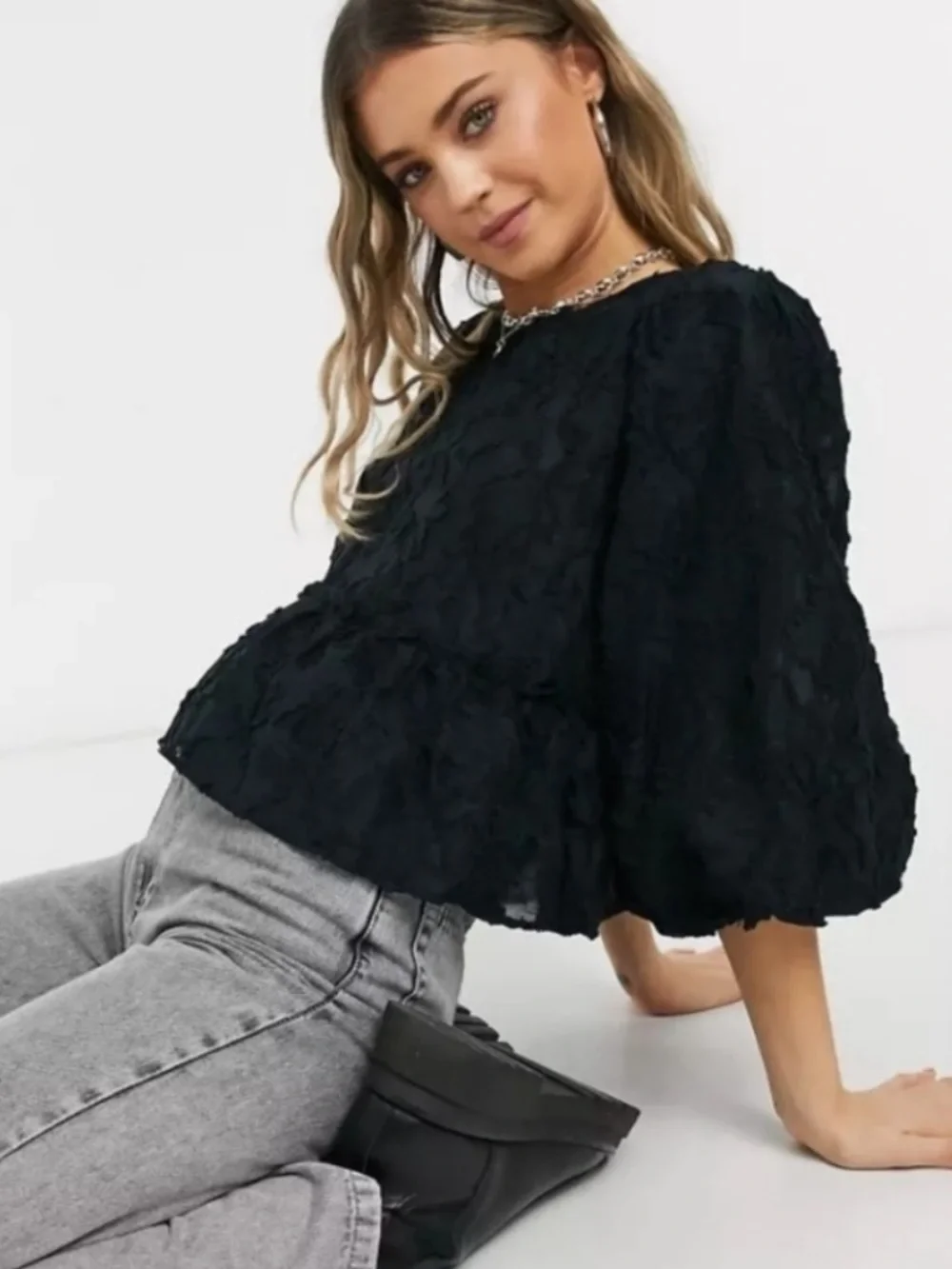 Free People Callie Black Textured Puff-Sleeve Peplum Blouse. Bohemian. Festival